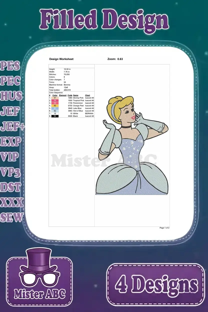 A design worksheet for a filled embroidery of Cinderella blowing a kiss, detailing size, stitches, and color chart.