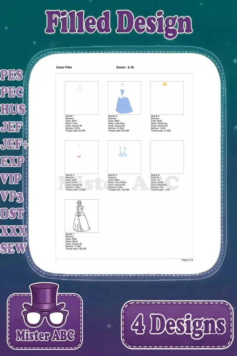 Color film breakdown for the Cinderella holding a clutch filled embroidery, showing each color stop and stitch count.