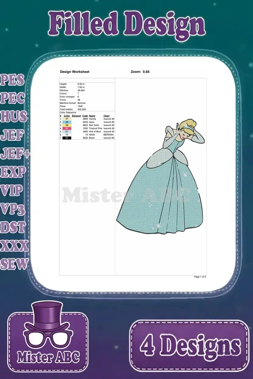Design worksheet for a filled embroidery of Cinderella bowing elegantly, detailing size, stitches, and color chart.