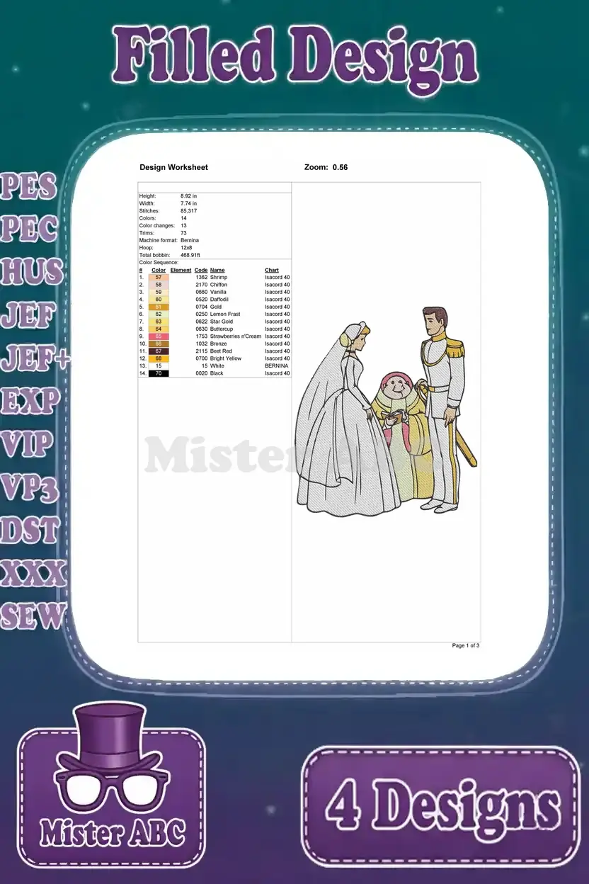 Detailed design worksheet for the Cinderella wedding embroidery, showing stitch count, size, and thread color sequence.