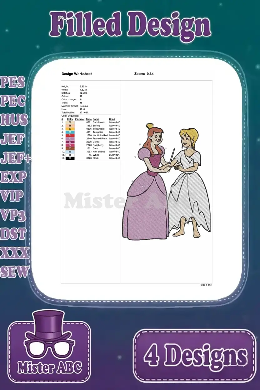 Design worksheet for Cinderella and Fairy Godmother embroidery, listing stitch count, size, and thread colors.