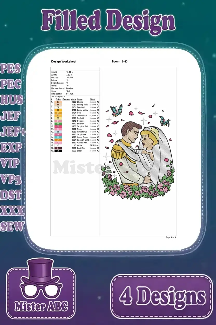 Design worksheet for the romantic Cinderella and Prince Charming embrace embroidery, with stitch details and colors.