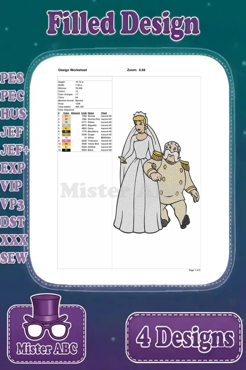 Detailed design worksheet for Cinderella in her wedding dress with the Grand Duke, showing stitch count and color chart.