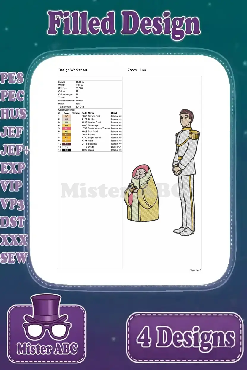 Detailed design worksheet for Prince Charming and the King, displaying stitch count, color chart, and design information.