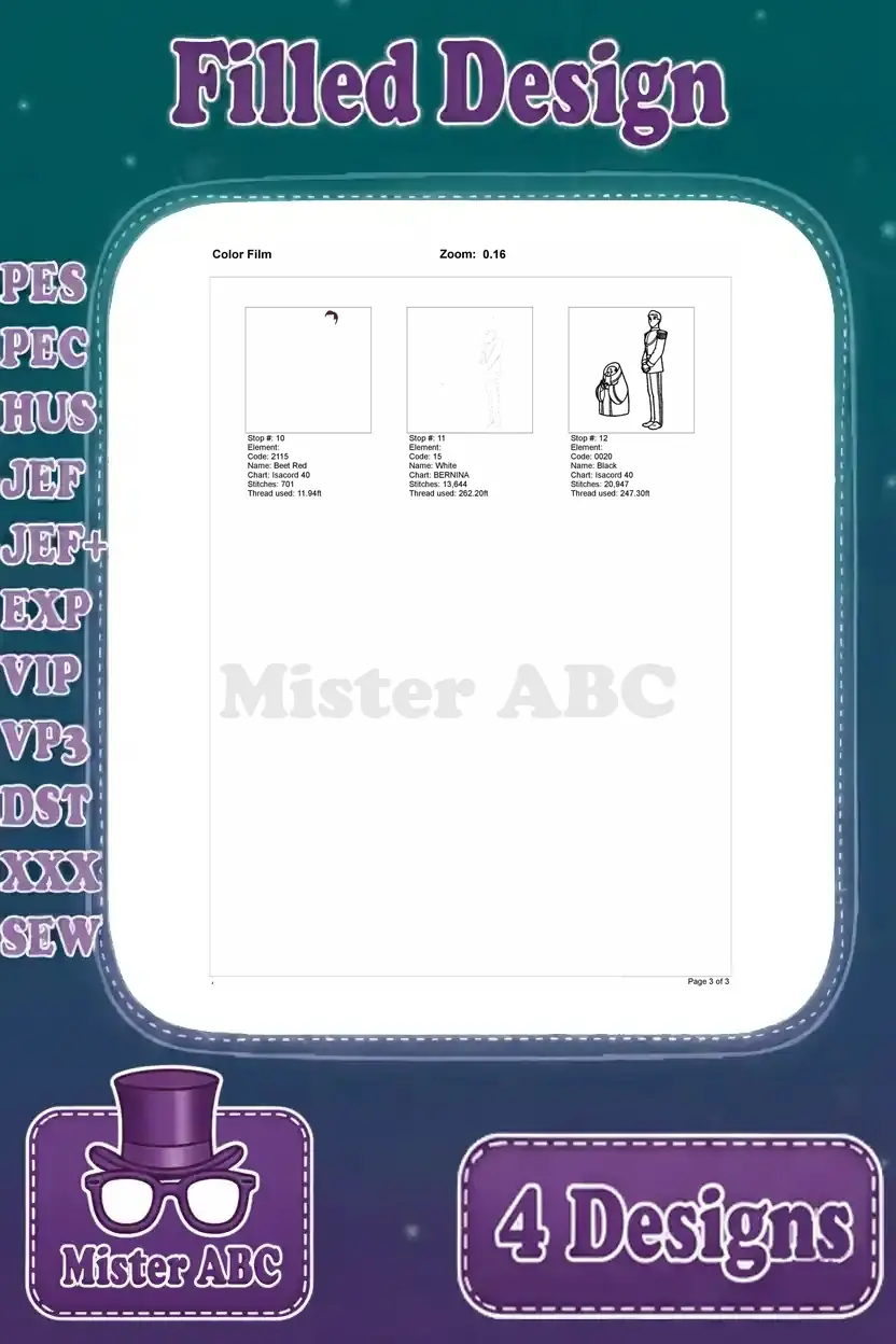 Color film breakdown, page 2 of 2, for the Prince Charming and King embroidery design, showing final thread stops.