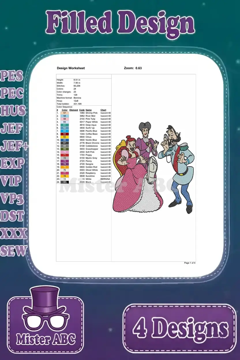 Detailed design worksheet for Lady Tremaine, Drizella, and Anastasia, showing stitch count and color chart.