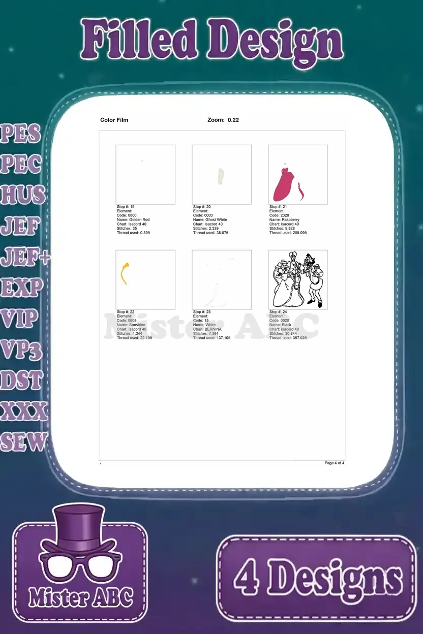 Color film breakdown, page 3 of 3, for the stepfamily embroidery design, showing final thread stops.