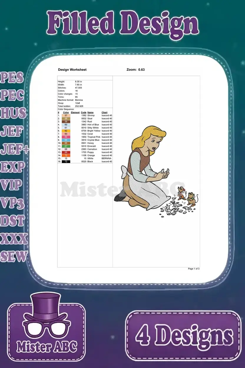 Design worksheet for Cinderella in rags with mice, detailing stitch count, color changes, and thread information.