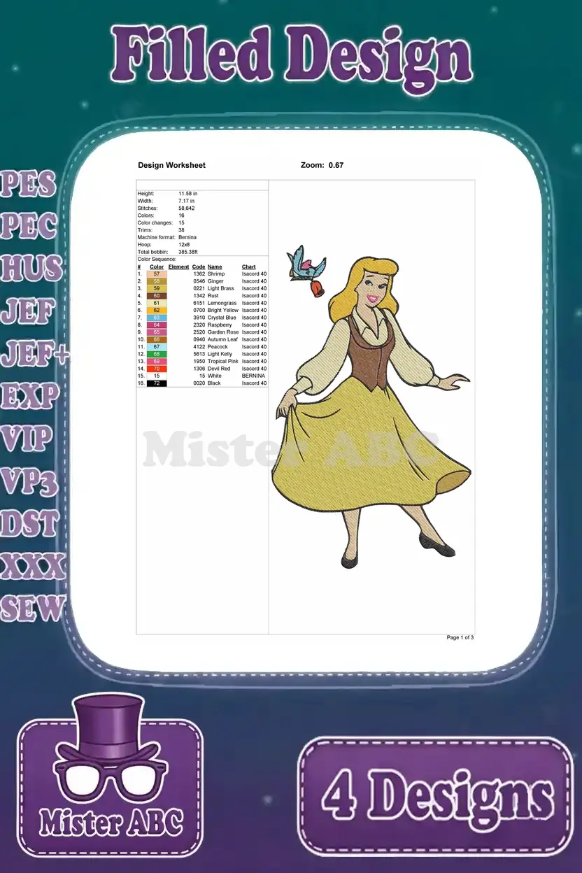 Design worksheet for Cinderella in her yellow dress with a bird, detailing stitch count and thread colors.