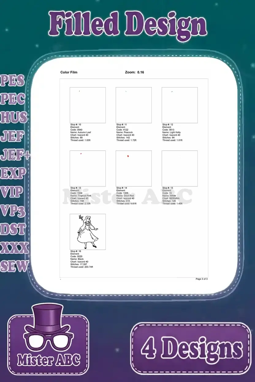 Second page of the color film for Cinderella in yellow dress, displaying subsequent stitch sequences and thread colors.