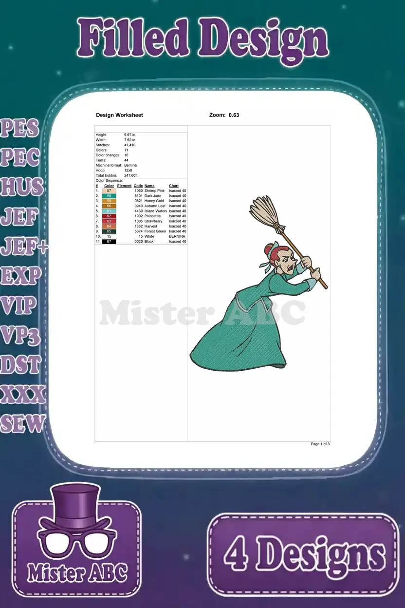 Design worksheet for Anastasia Tremaine with a broom, detailing stitch count, color changes, and thread information.