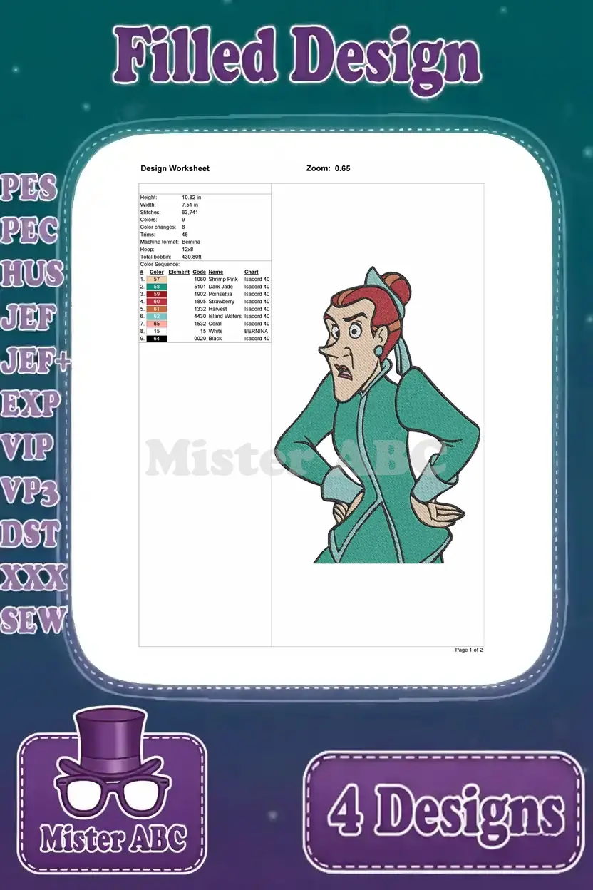 Design worksheet for Drizella Tremaine looking angry, detailing stitch count, color changes, and thread information.