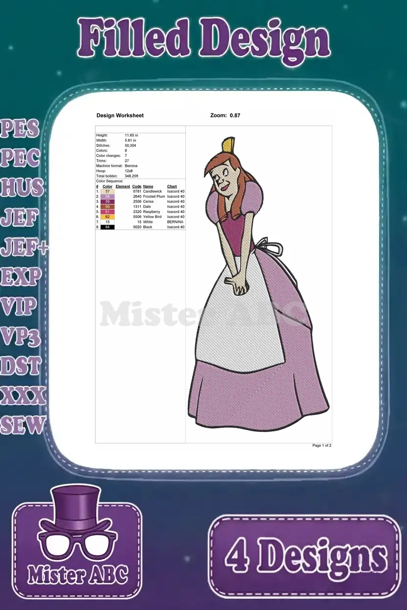 Design worksheet for Anastasia Tremaine filled embroidery, detailing stitch count, color changes, and dimensions for crafting.