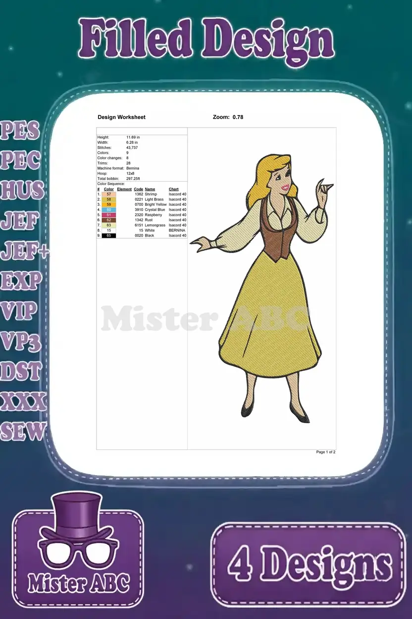 Design worksheet for Drizella Tremaine filled embroidery, outlining stitch count, color changes, and dimensions for precision.