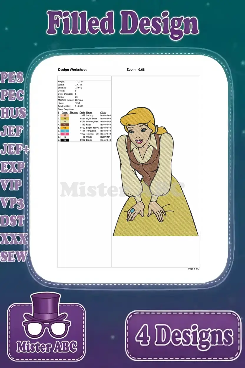 Design worksheet for Cinderella in rags filled embroidery, detailing stitch counts, color changes, and dimensions for crafting.