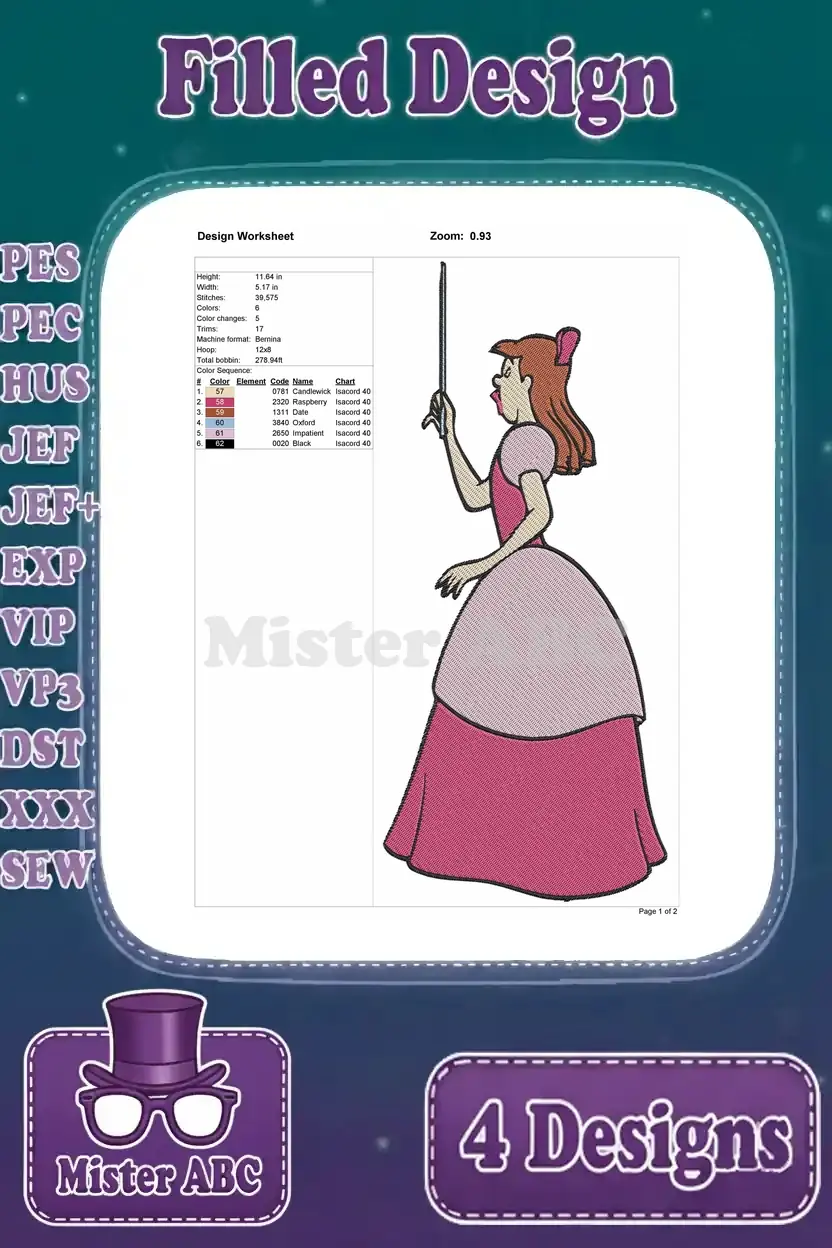 Design worksheet for Anastasia Tremaine (with stick) filled embroidery, outlining stitch count, colors, and dimensions.