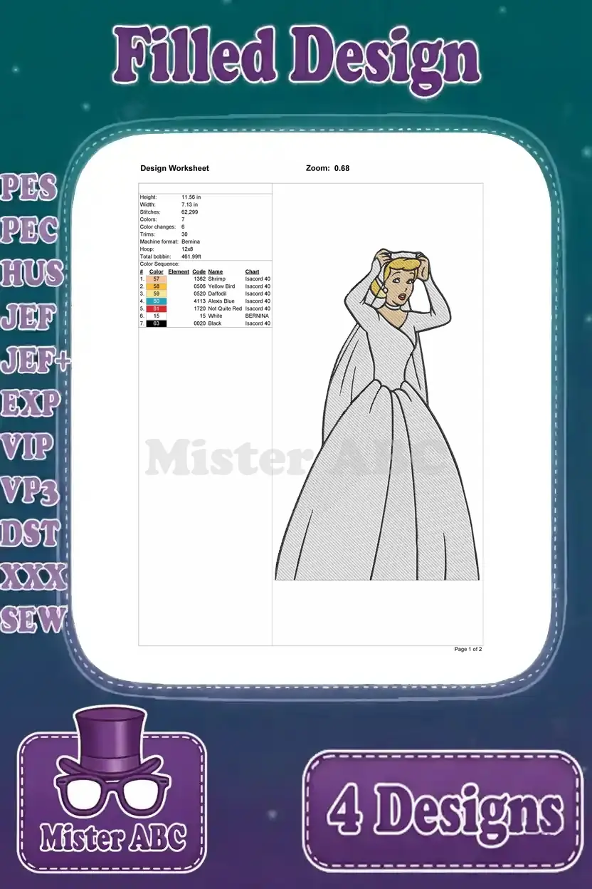 Detailed design worksheet for the Cinderella wedding dress embroidery, showing stitch count, colors, and dimensions.