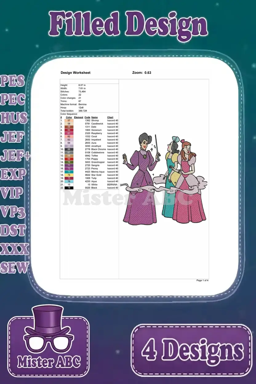 Design worksheet for Lady Tremaine, Anastasia, and Drizella embroidery, including stitch count and color chart.