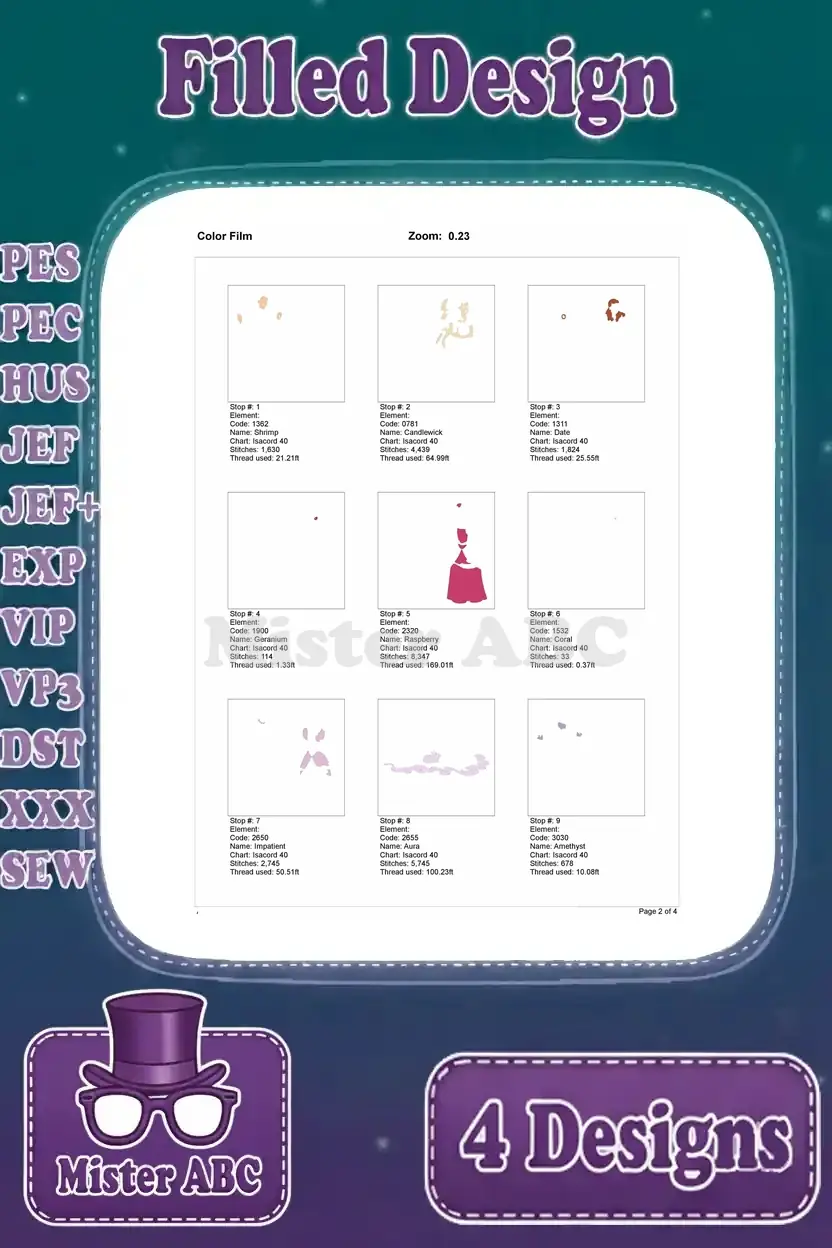 Page 1 of color film for Lady Tremaine and Stepsisters embroidery, detailing initial color applications.