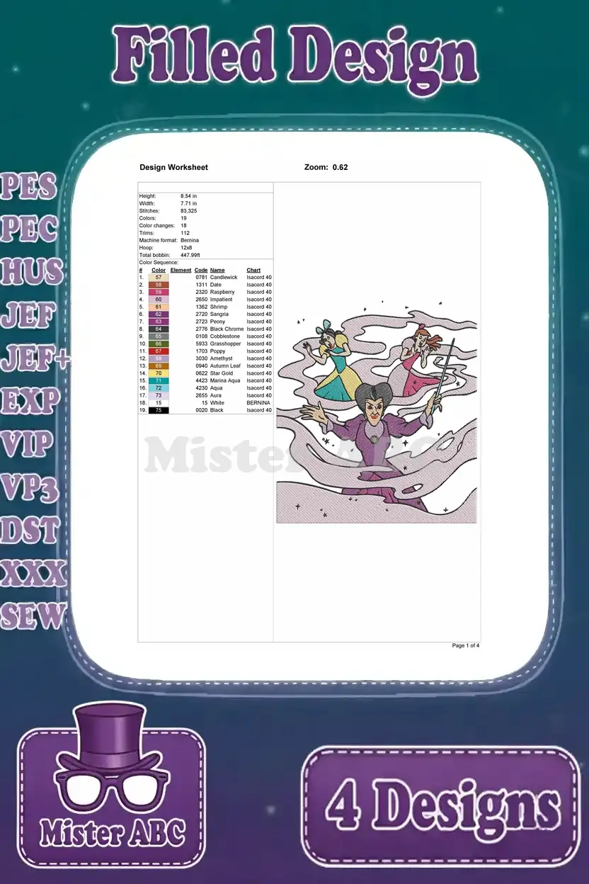 Design worksheet for Lady Tremaine casting a spell embroidery, with stitch details and vibrant color chart.
