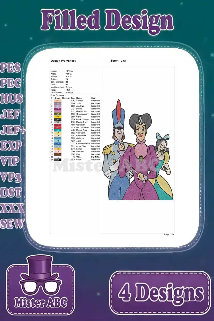 Detailed design worksheet for the Cinderella stepfamily embroidery, showing stitch count, colors, and dimensions for precision.