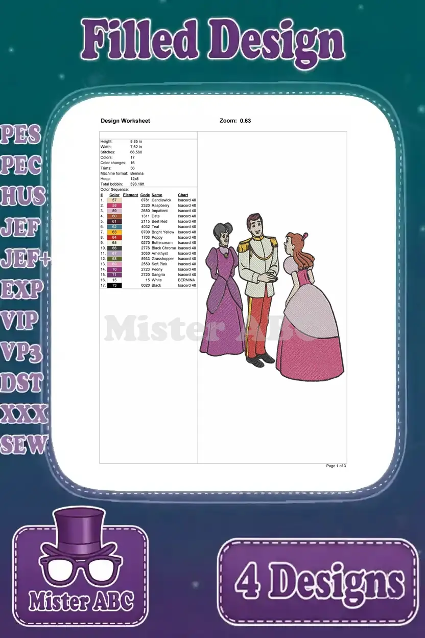 Design worksheet for Cinderella and Prince Charming at the ball, detailing stitch information and color chart.
