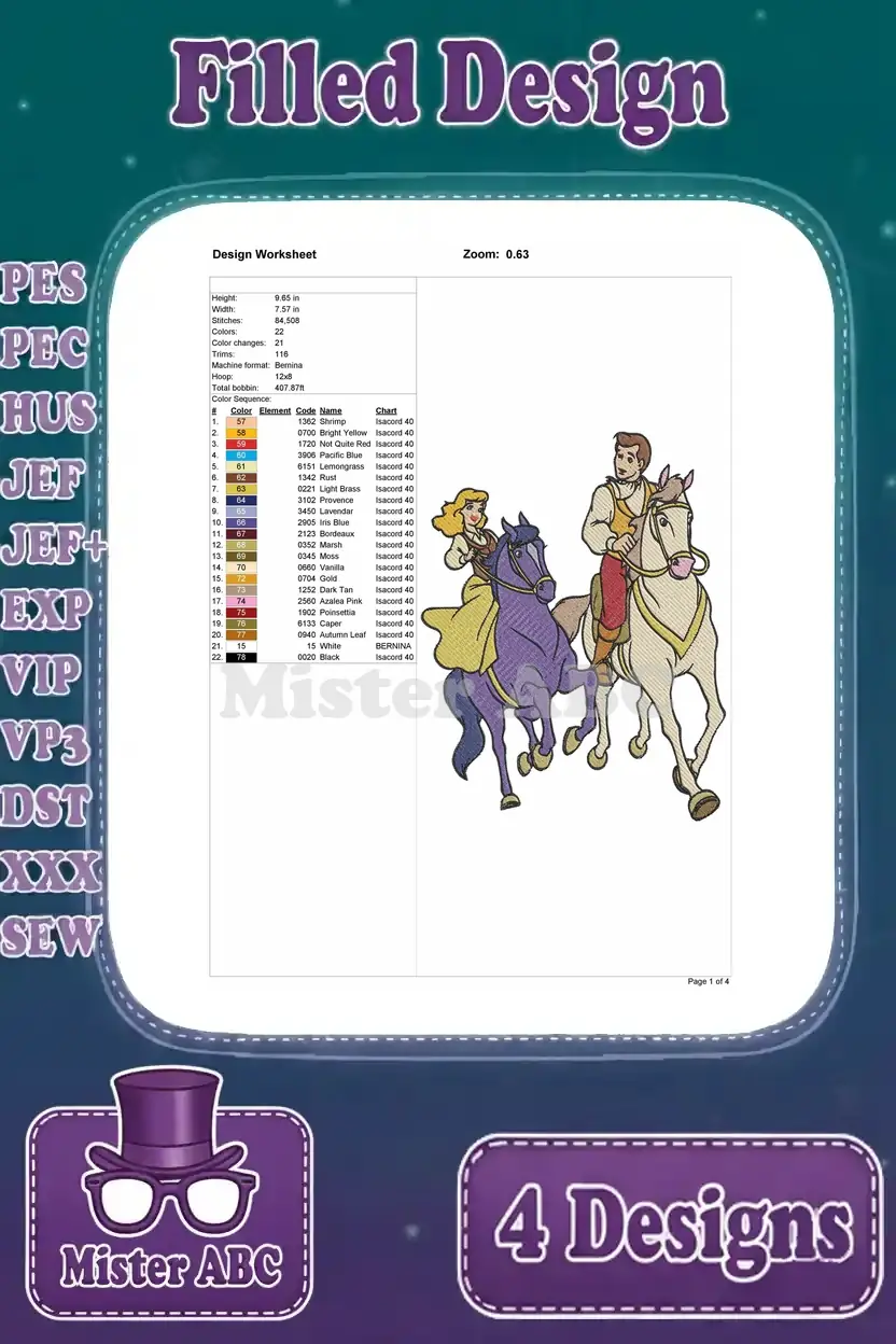 Design worksheet for Cinderella and Prince Charming on horseback, detailing stitch count, colors, and dimensions.
