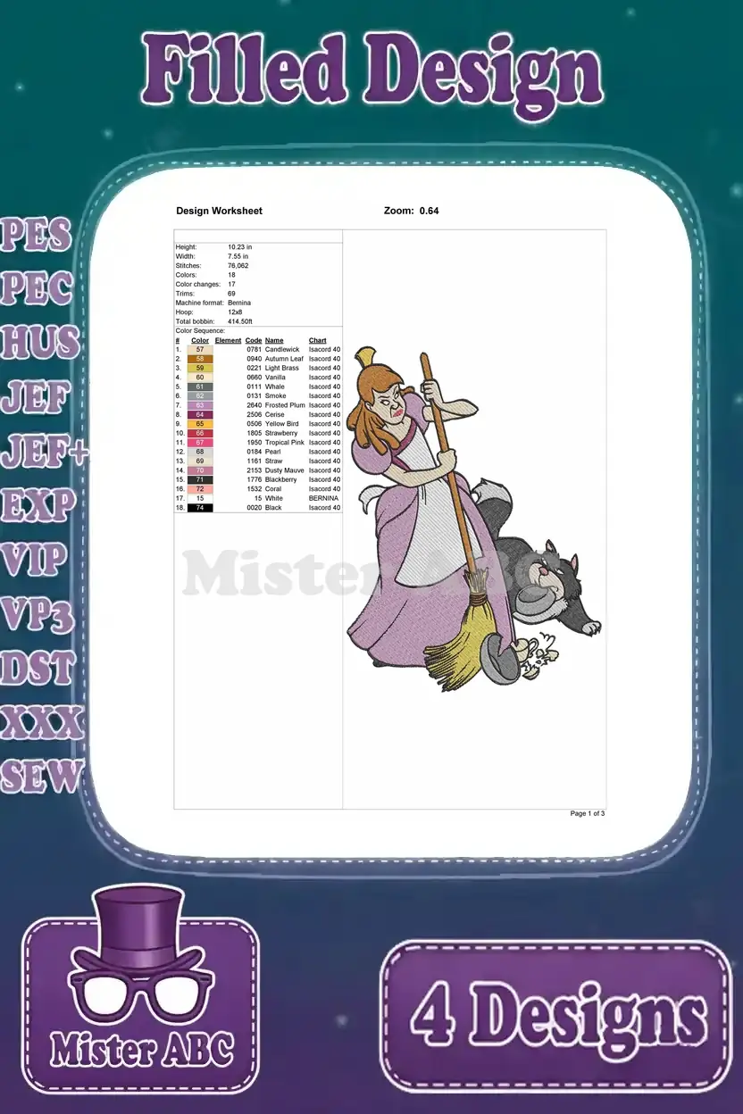 Design worksheet for Cinderella as a scullery maid with Lucifer, detailing stitch count, colors, and dimensions.