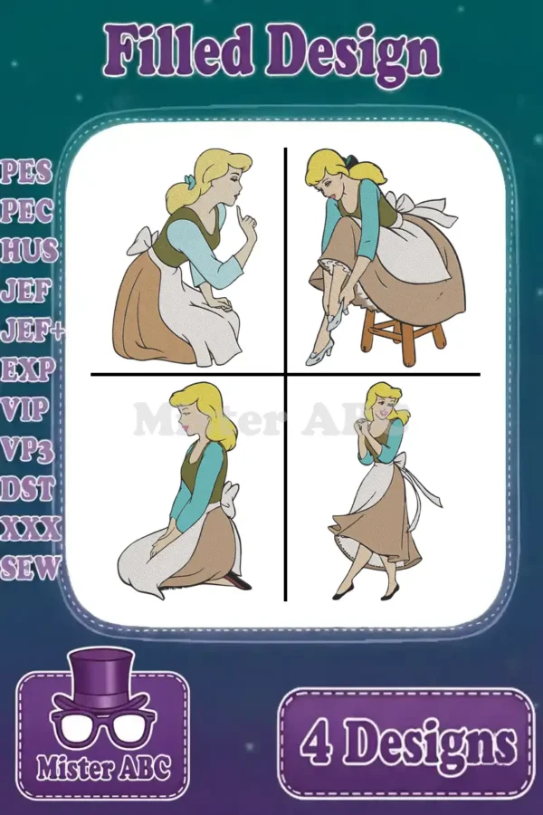 A delightful bundle featuring four distinct Cinderella filled embroidery designs, showcasing her in various iconic poses.