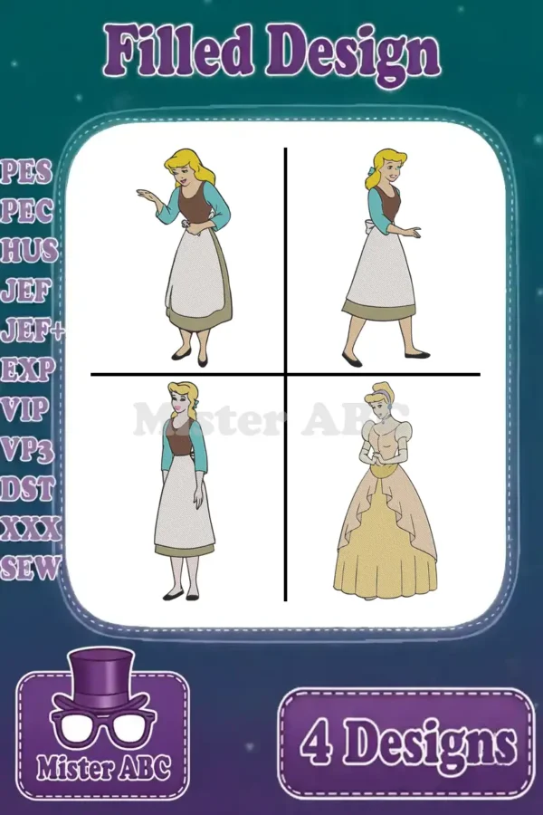 A vibrant main image featuring four distinct Cinderella embroidery designs, including peasant and ball gown styles, in filled stitch.
