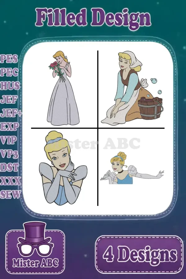 Four charming Cinderella filled embroidery designs, showcasing her in different fairytale scenes with detailed stitch work.