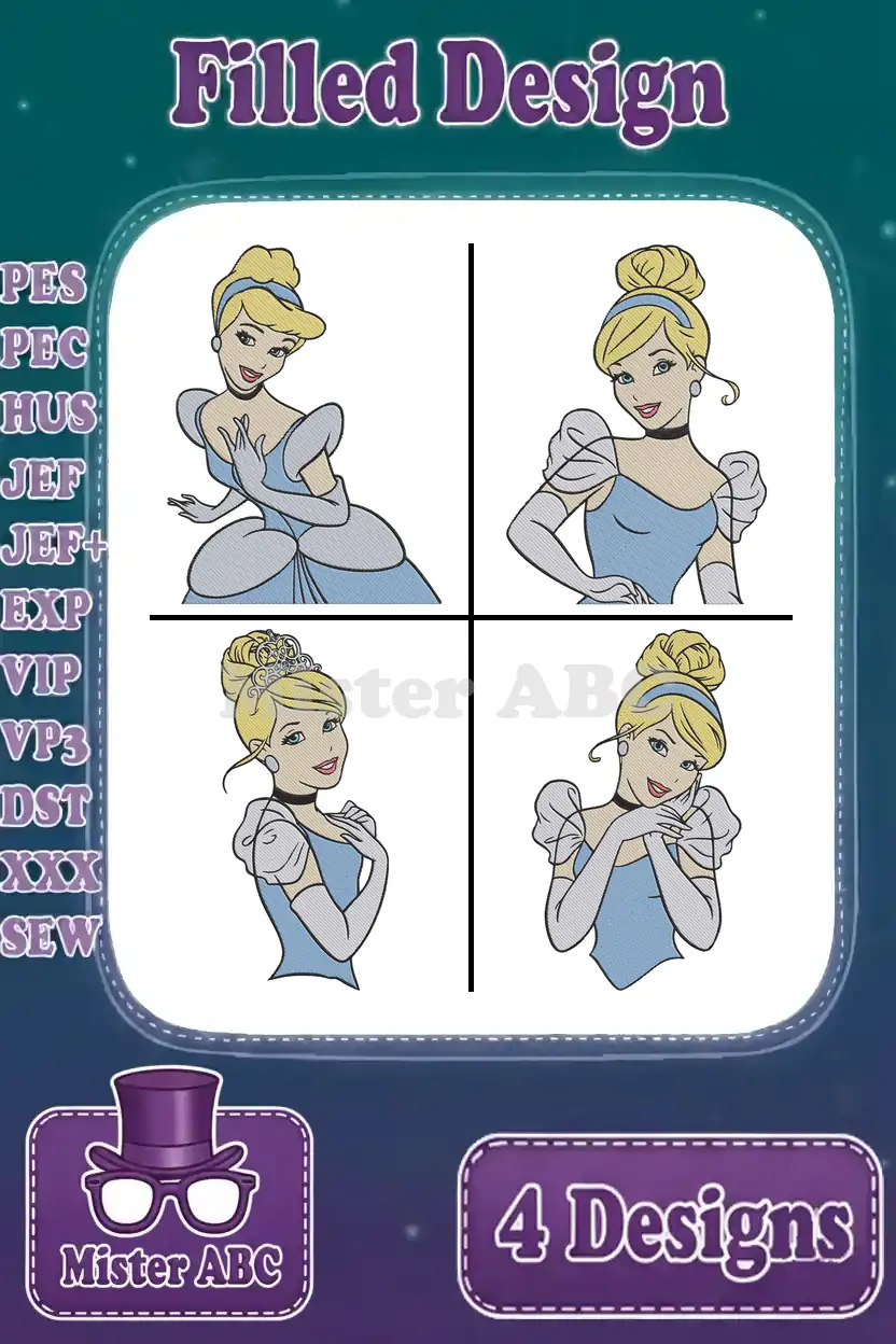 Four charming Cinderella filled embroidery designs, each in a unique pose, displayed within a decorative frame with supported file formats listed.