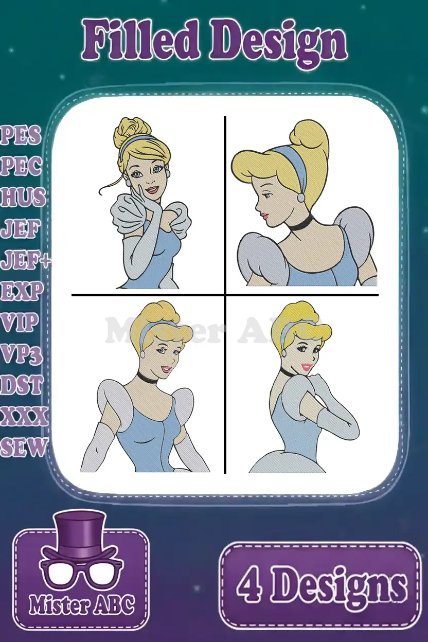 Main product image displaying four distinct filled embroidery designs of Cinderella in various elegant poses, ready for digital download.
