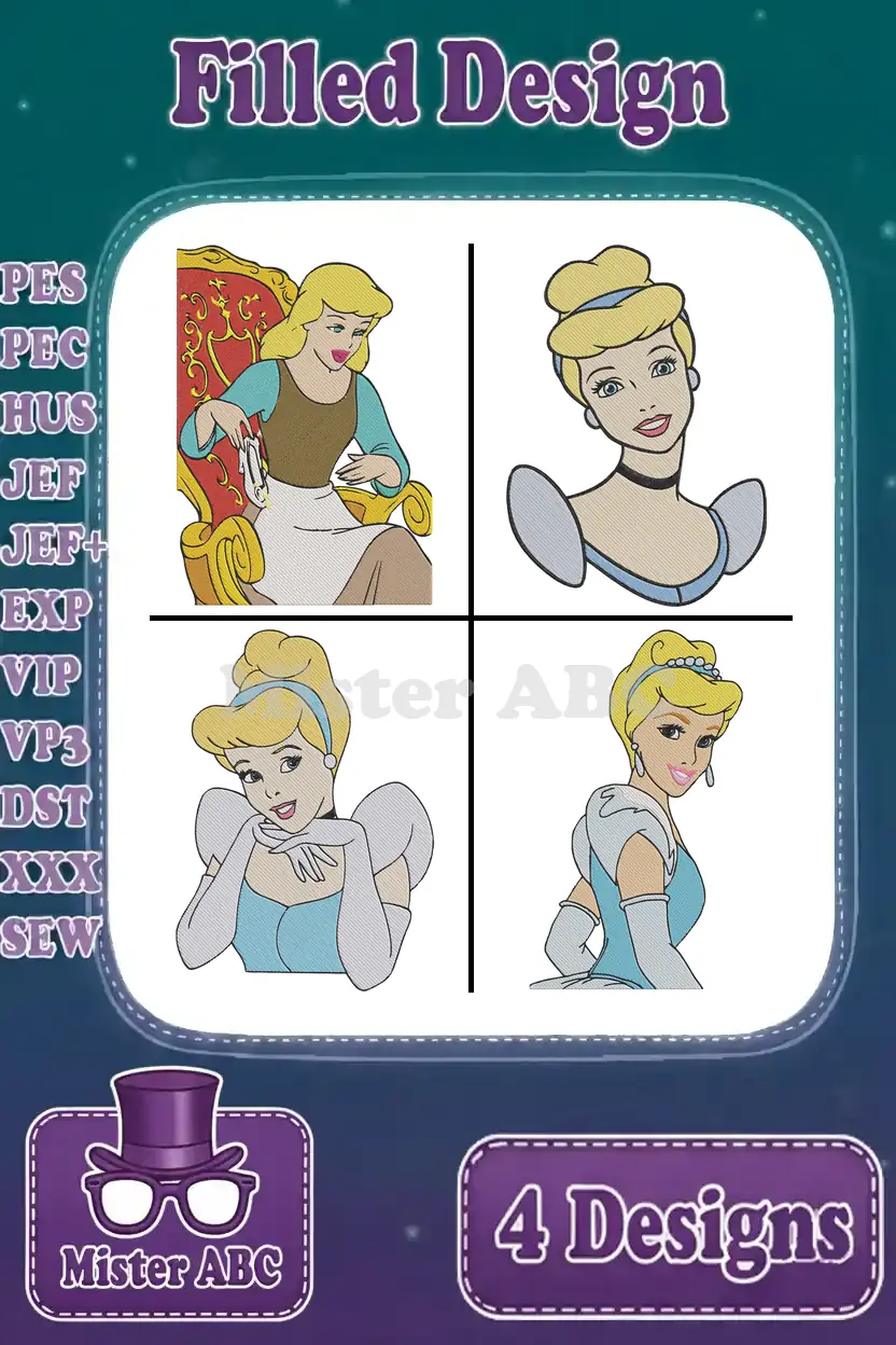 A main product image displaying four distinct filled embroidery designs of Cinderella in various poses.