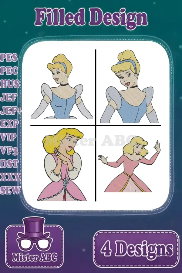 A grid displaying four distinct Cinderella filled embroidery designs, showcasing various poses and dress styles.