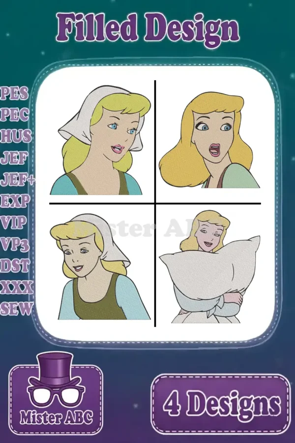 Four filled embroidery designs featuring Cinderella and Aurora in various expressions and poses, ready for crafting.