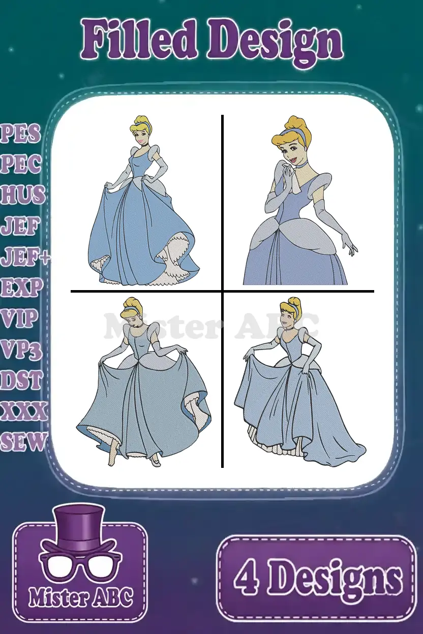 A vibrant collage of four unique Cinderella filled embroidery designs, showcasing different poses, ready for digital crafting.