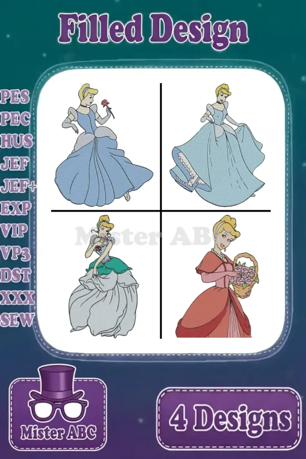 A vibrant display of four unique Cinderella princess filled embroidery designs, ready for various machine formats.
