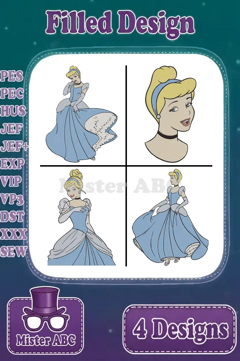A vibrant display of four unique Cinderella filled embroidery designs, showcasing various poses and supported machine formats.