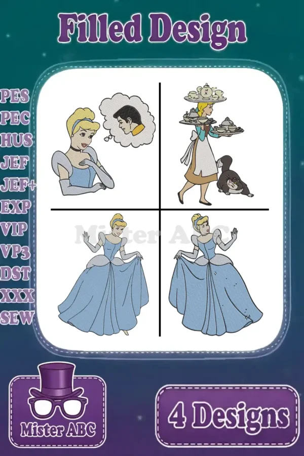 A vibrant main image displaying four unique filled embroidery designs of Cinderella in various iconic poses and scenes.