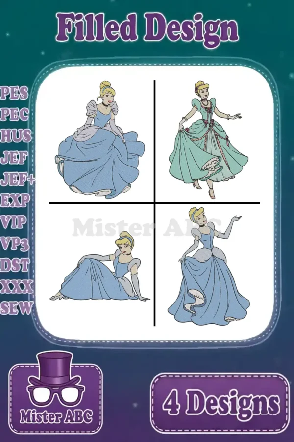 A captivating overview of four unique Cinderella filled embroidery designs, showcasing various graceful poses and dresses.