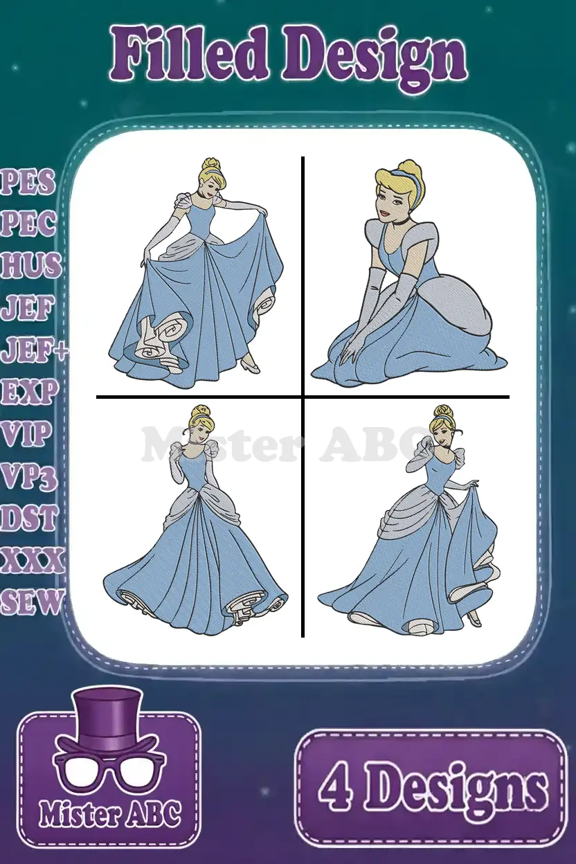 A vibrant display of four unique Cinderella filled embroidery designs, ready to bring fairy tale magic to textiles.