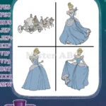 Cinderella Blue Ballgown With Magical Pumpkin Carriage And Elegant Standing Poses - Filled Embroidery Design - Instant Download