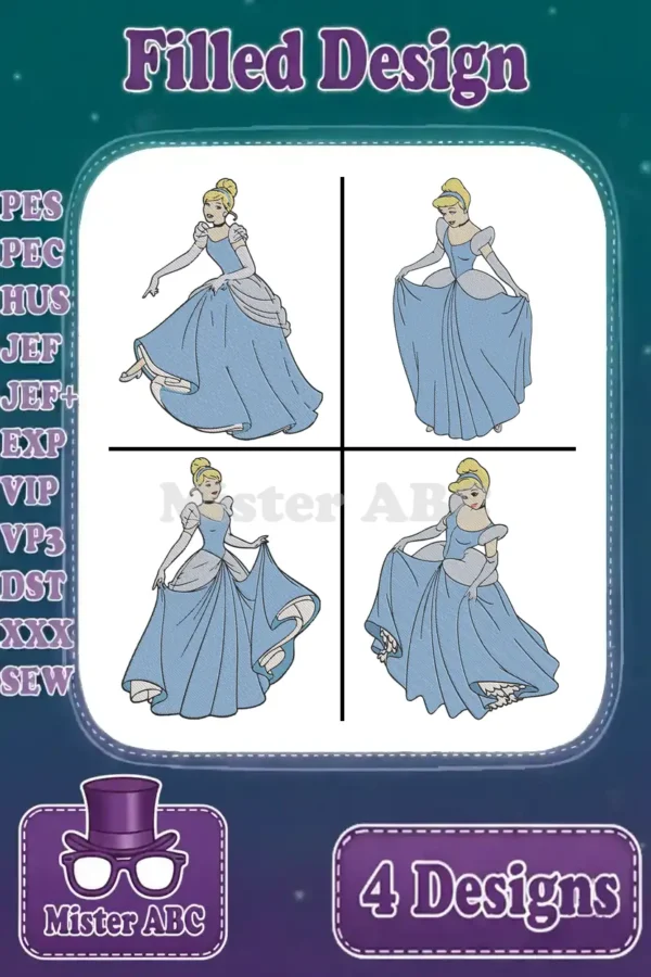Four distinct filled embroidery designs of Cinderella in her iconic ball gown, ready for various projects and styles.
