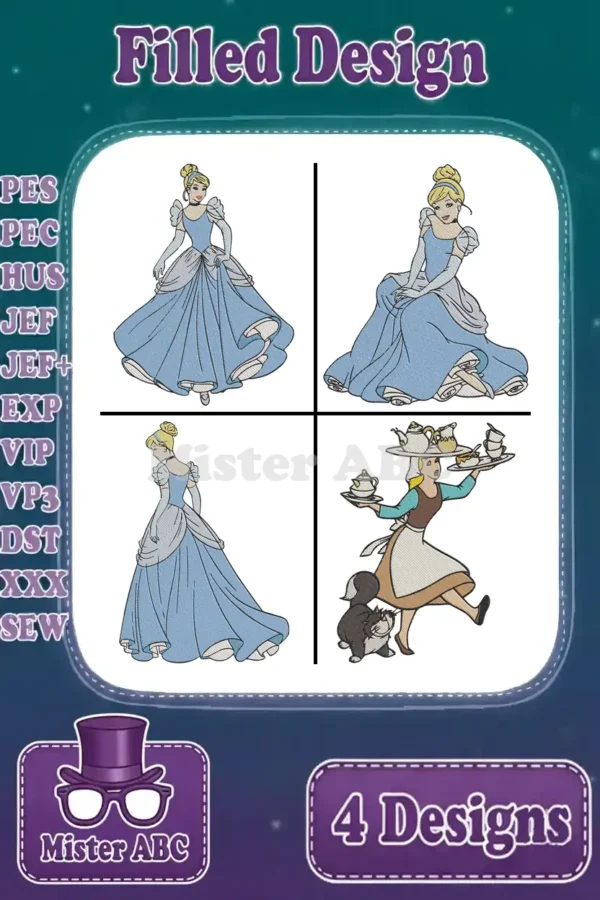 A vibrant main image displaying four detailed Cinderella-themed filled embroidery designs, ready for magical projects.