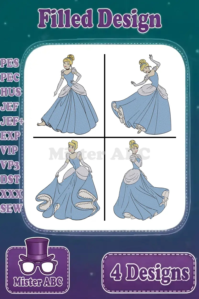 Four enchanting Cinderella filled embroidery designs, each in a unique pose, surrounded by a list of compatible machine formats.