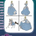 Cinderella Blue Ballgown Elegant Standing Poses And Riding Horse With Prince - Filled Embroidery Design - Instant Download