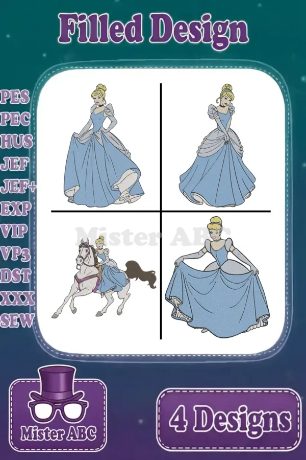 Four enchanting Cinderella machine embroidery designs, showcasing her in various elegant poses, ready for magical projects.