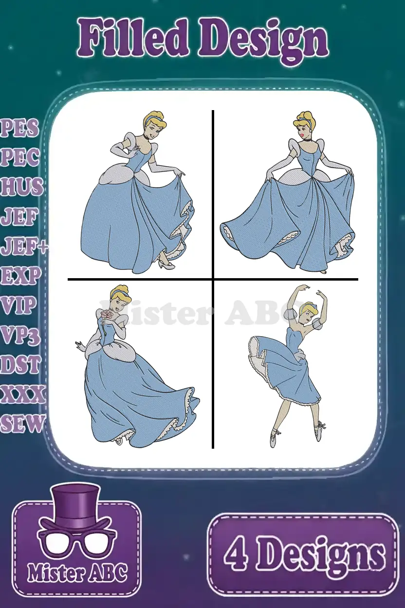 A vibrant display of four unique Cinderella filled embroidery designs, showcasing different graceful poses and stitch types.