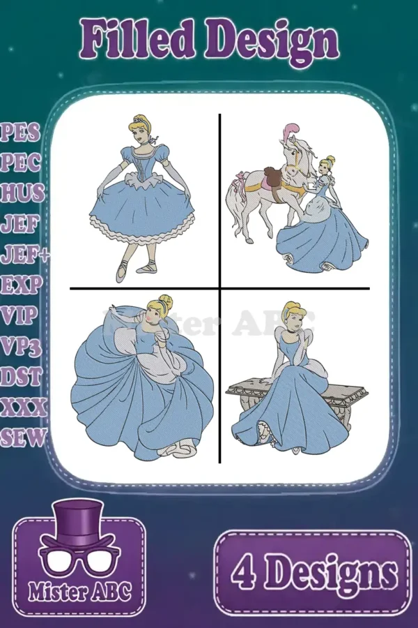Four exquisite Cinderella filled embroidery designs, showcasing various poses and scenes, ready for diverse textile projects.